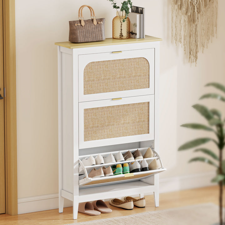 Narrow Shoe Cabinet, Boho Slim Shoe Storage Cabinet with 3 Flip Drawer