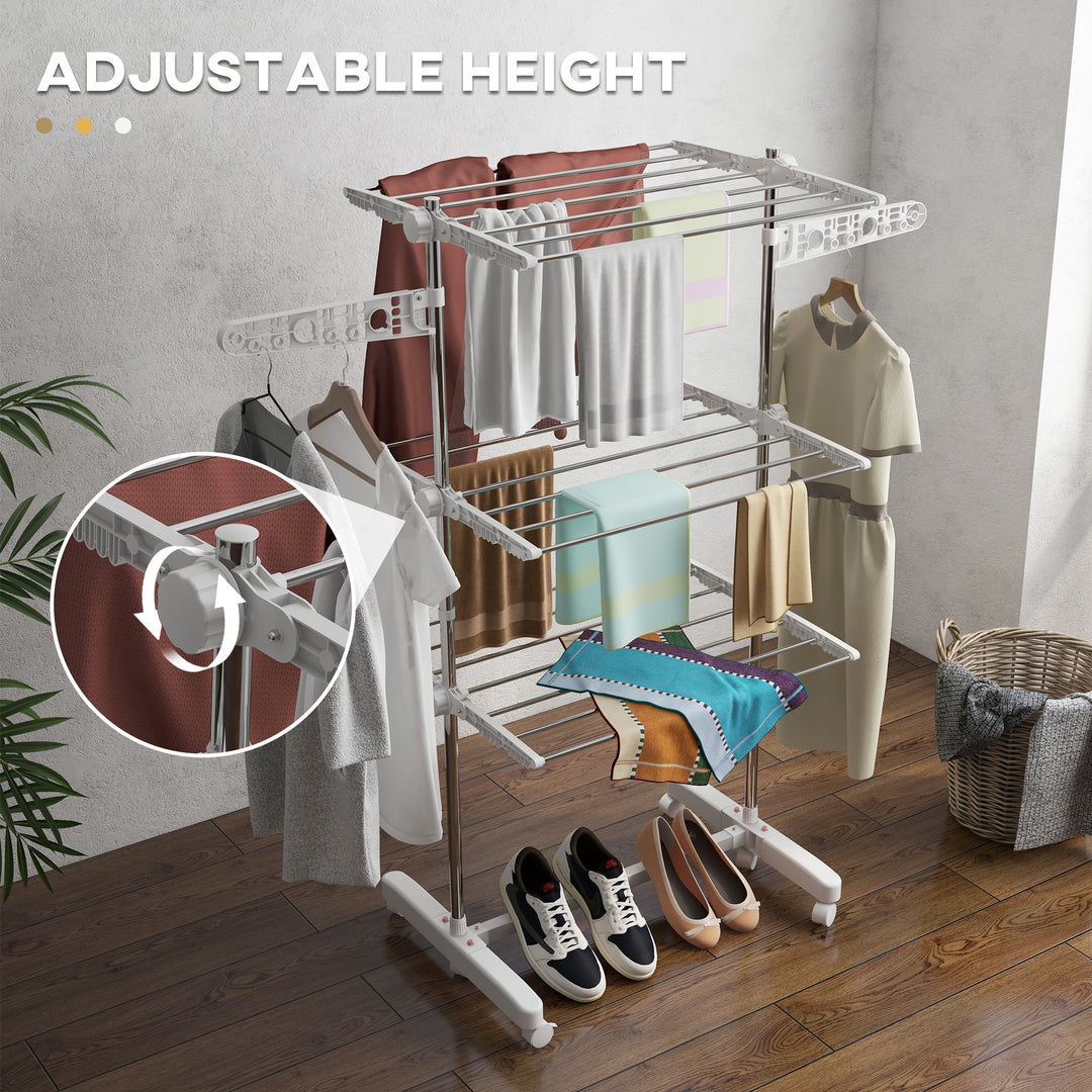 3-Tier Clothes Airer, Stainless Steel Foldable Clothes Drying Rack with Wheels and Wings, Indoor and Outdoor, Easy Assembly, 142 x 55 x 152cm, White