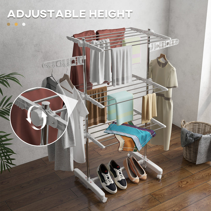 3-Tier Clothes Airer, Stainless Steel Foldable Clothes Drying Rack with Wheels and Wings, Indoor and Outdoor, Easy Assembly, 142 x 55 x 152cm, White