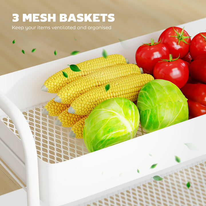 3-Tier Storage Trolley on Wheels, Rolling Utility Cart with Mesh Backets for Kitchen, Bathroom, Bedroom