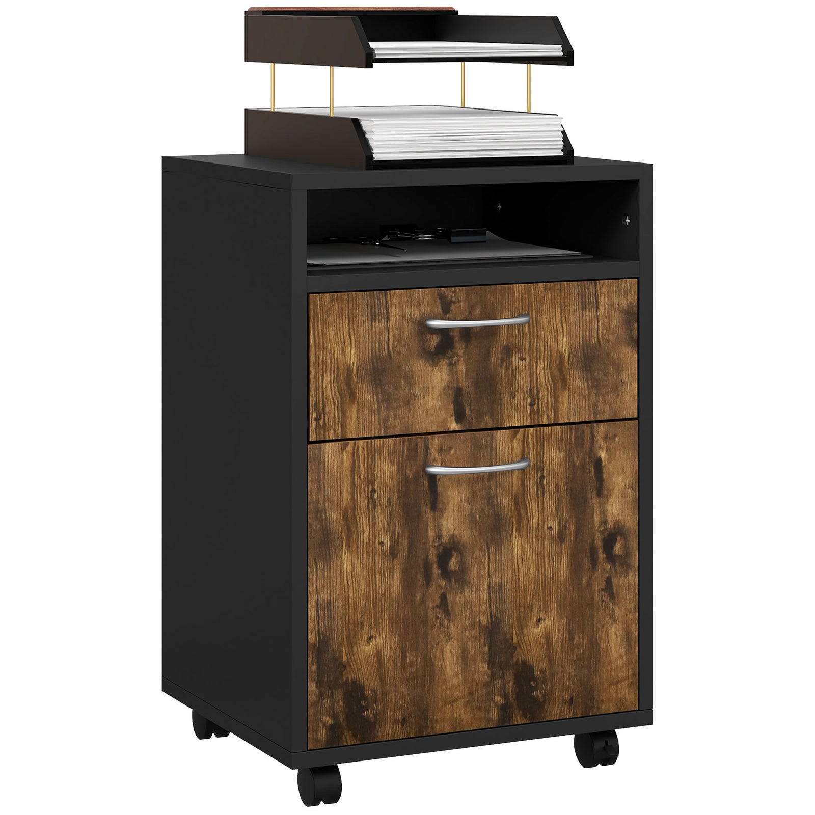 60cm Filing Cabinet with Drawer, Open Shelf, Metal Handles and 4 Wheels, Office Home Organiser Mobile Printer, Rustic Brown