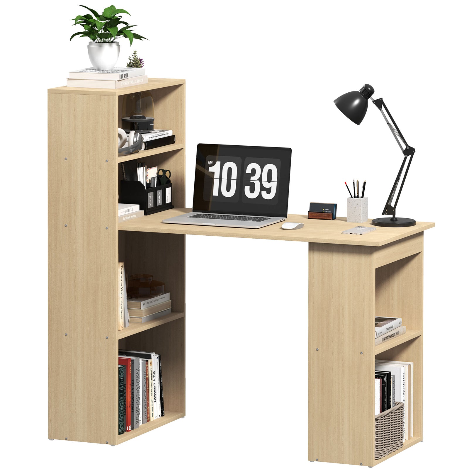 120cm Computer Desk, Wooden PC Laptop Table with 6-Tier Storage Bookshelves, Home Office Working Study Desk, Writing Workstation, Natural Wood