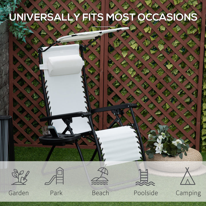 2 Piece Foldable Reclining Garden Chair with Headrest, Zero Gravity Deck Sun Lounger Seat Chair with Footrest, Armrest, Cup Holder & Canopy Shade, White