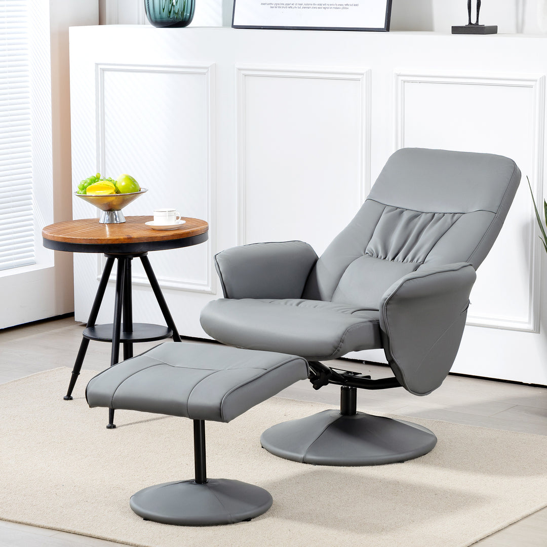 Swivel Recliner Chair with Footstool, HOMCOM PU Leather Armchair and Ottoman with High Back and Round Base for Living Room, Light Grey | Aosom UK