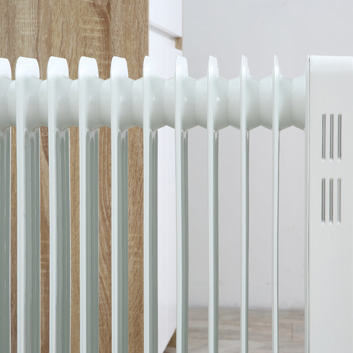 2500W Oil Filled Radiator, 11 Fin, Portable Electric Heater with 3 Heat Settings, Safety Cut-Off and Wheels, White