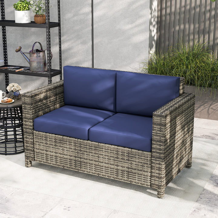 Rattan Sofa, 2 Seater Garden Furniture with Soft Padded Cushion and Armrests, Wicker Garden Loveseat for Patio, Navy Blue
