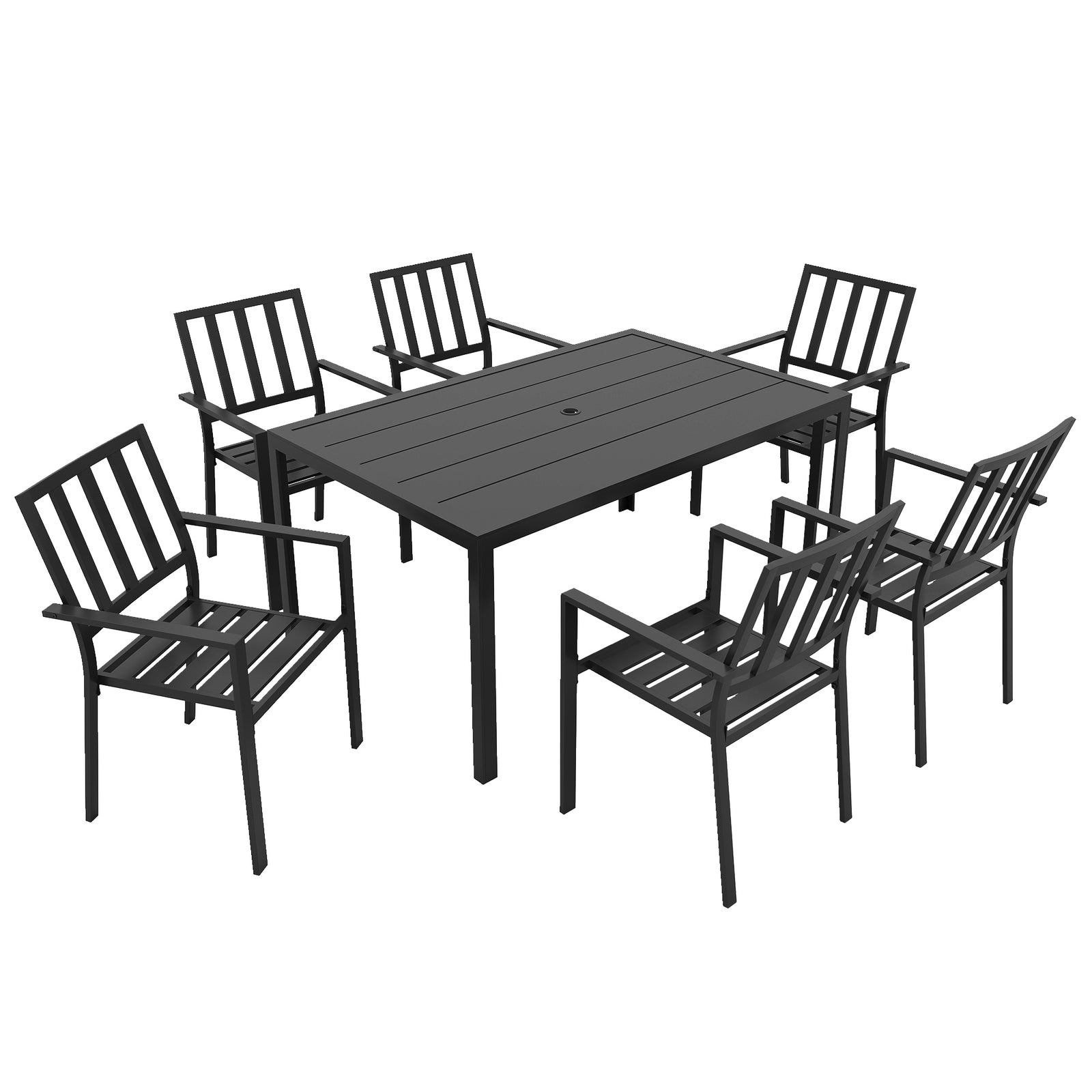 Seven-Piece Minimal Metal Garden Dining Set, with Parasol Hole - Black