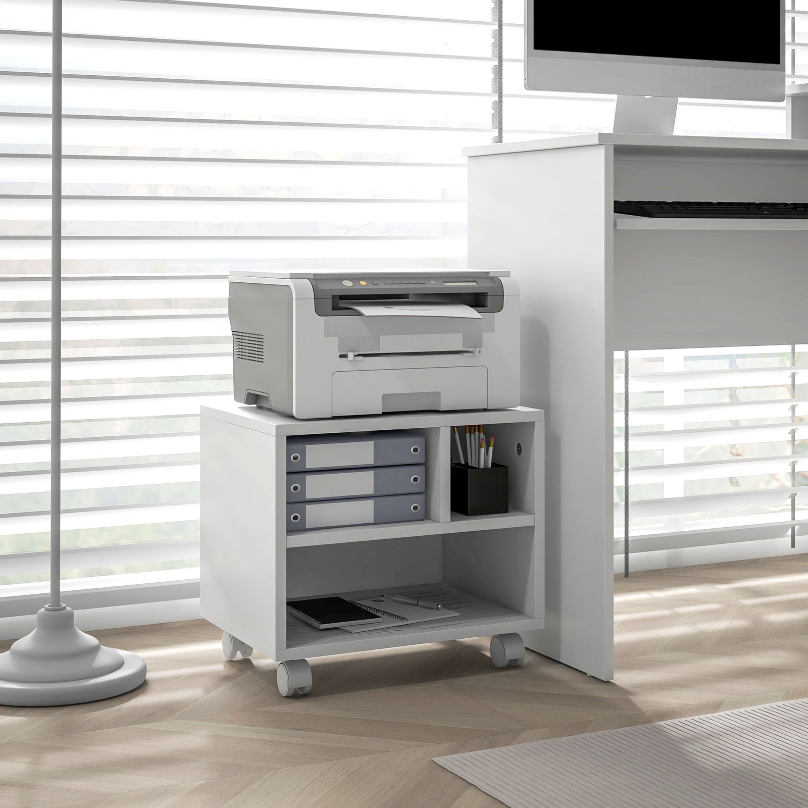 Three-Compartment Printer Cabinet, with Wheels - White