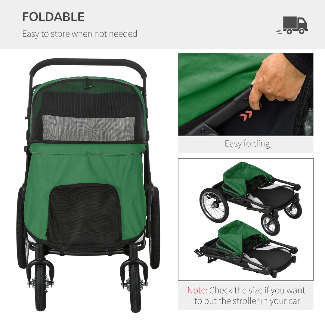 PawHut Foldable Pet Stroller with Washable Cushion, Storage Bags, Safety Leash for Medium and Large Dogs Cats Travel, Dark Green