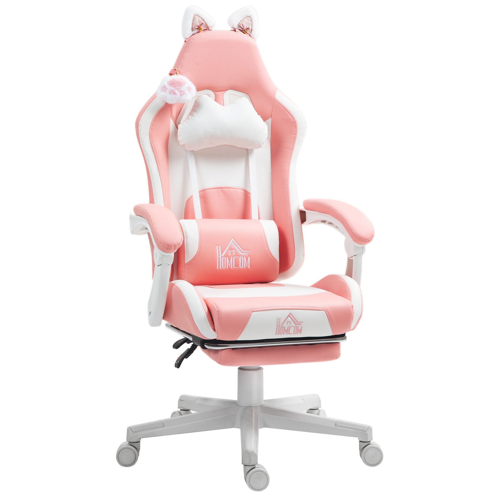 Cat Ear and Paw Reclining Office Chair, with Footrest - Pink/White