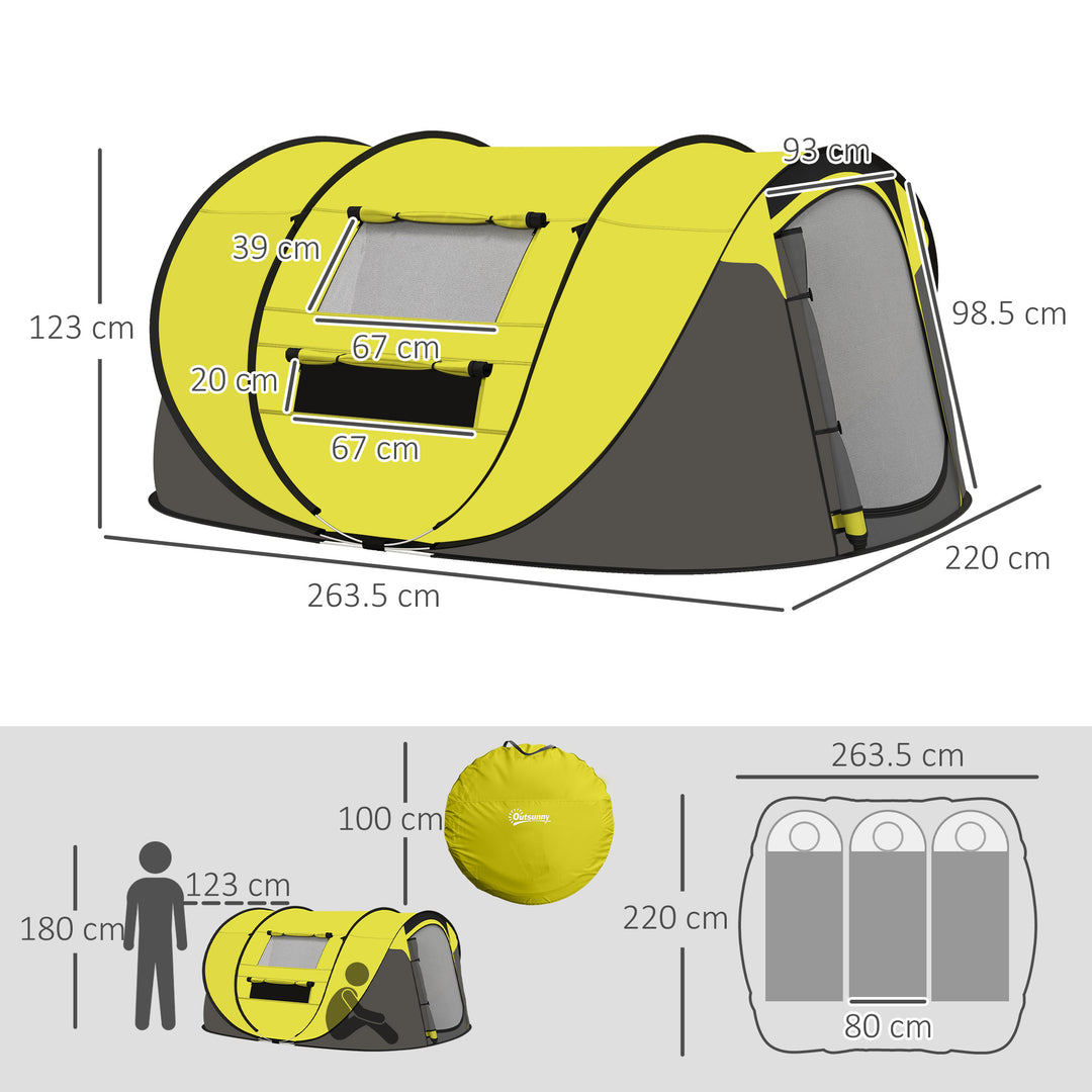 4 Person Pop-up Camping Tent Family Tent with Ground Sheet, 4 Windows and Portable Carry Bag for Beach Outdoor Trip, Yellow