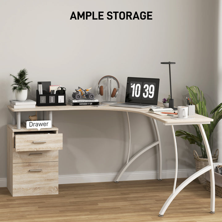 L-Shaped Computer Desk Table with Storage Drawer, Home Office Desk Corner Industrial Style Workstation for A4 Files 143.5 x 143.5 x 76cm, Oak