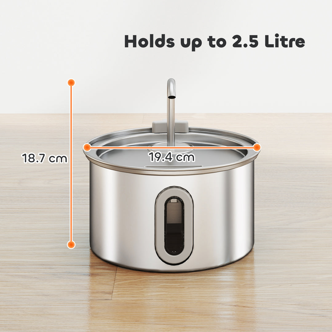 2.5L Stainless Steel Cat Water Fountain for Drinking with Ultra-Silent Pump, Water-Level Window, 7 Filters