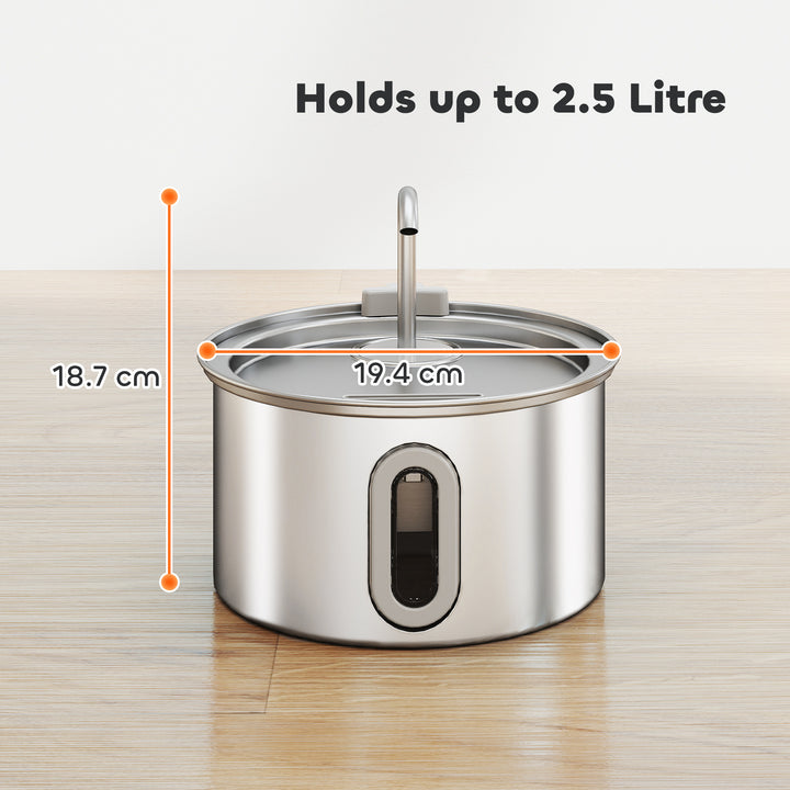 2.5L Stainless Steel Cat Water Fountain for Drinking with Ultra-Silent Pump, Water-Level Window, 7 Filters