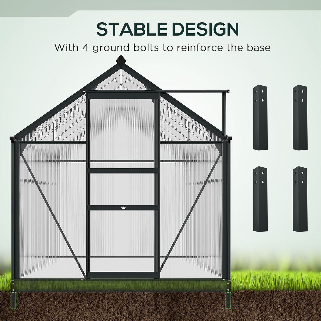 6 x 10ft Polycarbonate Greenhouse, Large Walk-In Green House with Slide Door and Window, Garden Plants Grow House with Aluminium Frame and Foundation, Grey