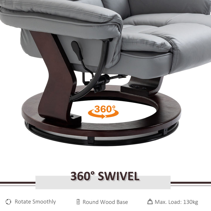 HOMCOM Recliner Chair With footstool, Recliner Armchair up to 130kg Weight Capacity, 135° Reclining Swivel Sofa Chair, PU Leather Ergonomic Couch Bed with Swivel Wood Base for Living Room, Grey