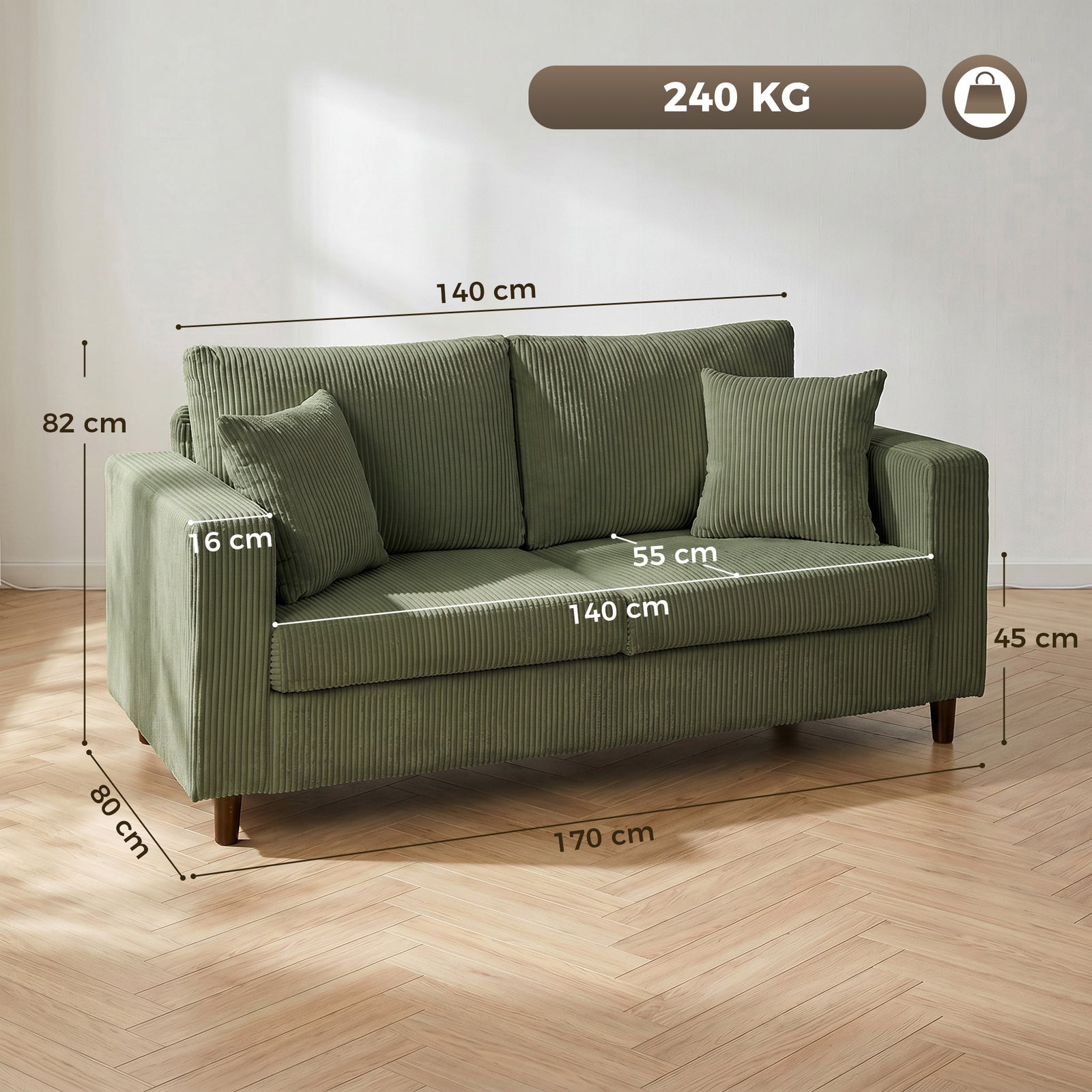 Loveseat Sofa with Wide Seat, Corduroy 2 Seater Couch with Deep Seat, 