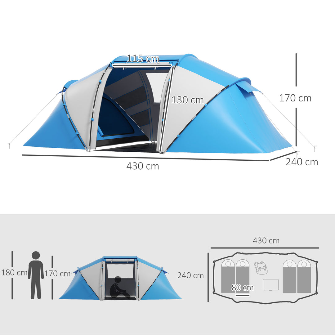 4-6 Man Camping Tent w/ Two Bedroom, Hiking Sun Shelter, UV Protection Tunnel Tent, Blue and White