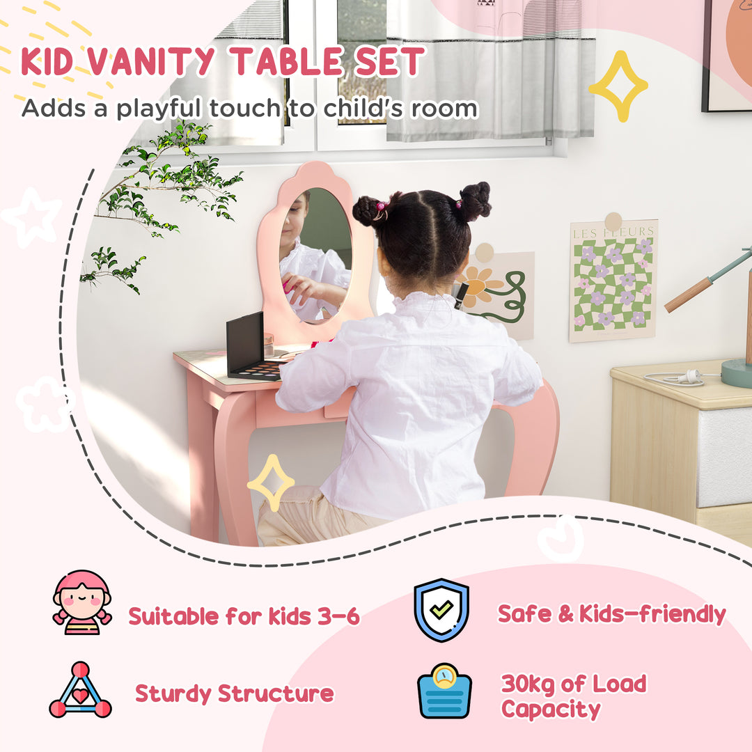 ZONEKIZ Toddler Bed Frame, Kids Dressing Table with Mirror and Stool, Cute Animal Design Kids Furniture Set for Ages 3-6, Pink | Aosom UK