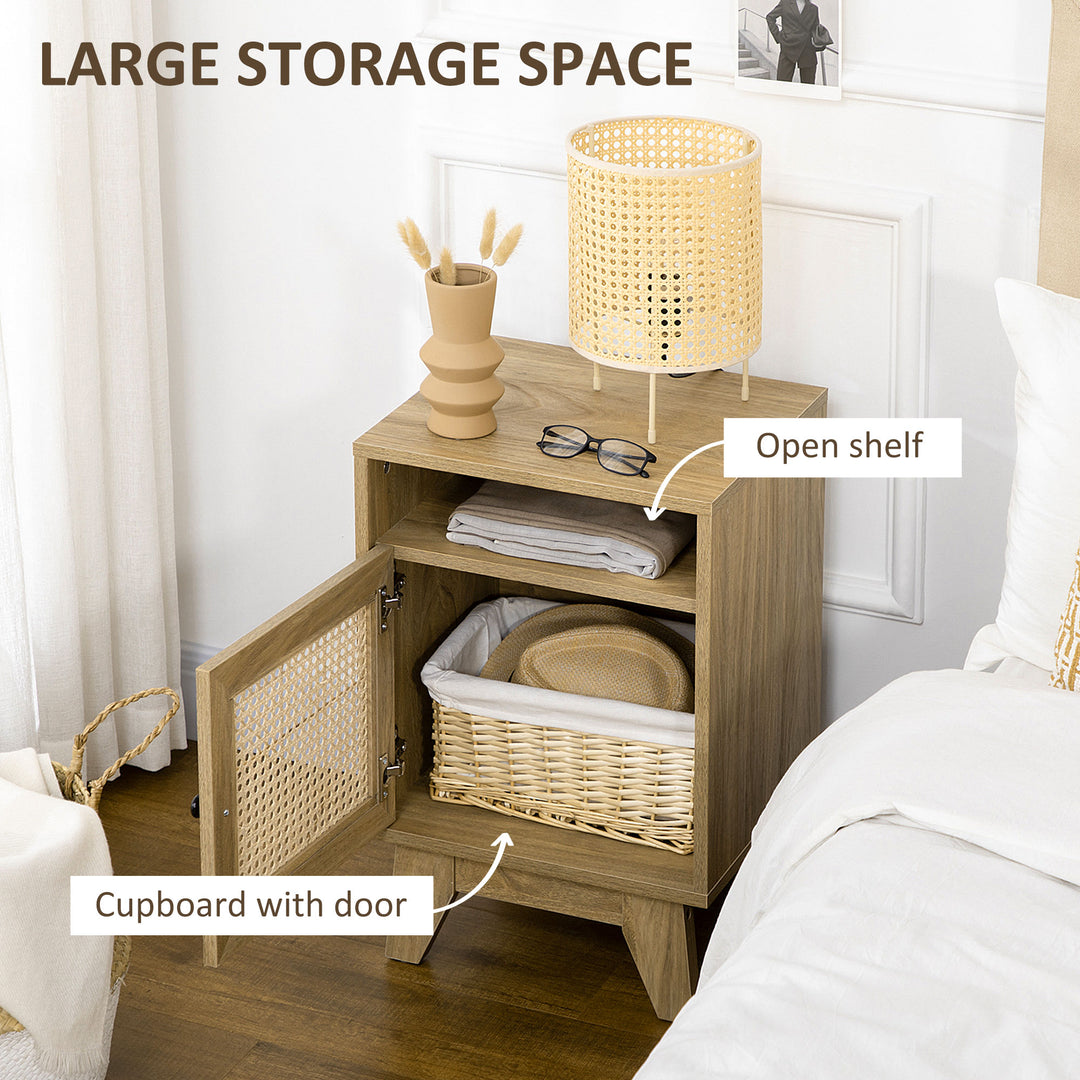 HOMCOM Bedside Cabinet with Rattan Detail, Side Table with Shelf & Cupboard, 39x35x60cm, Natural | Aosom UK