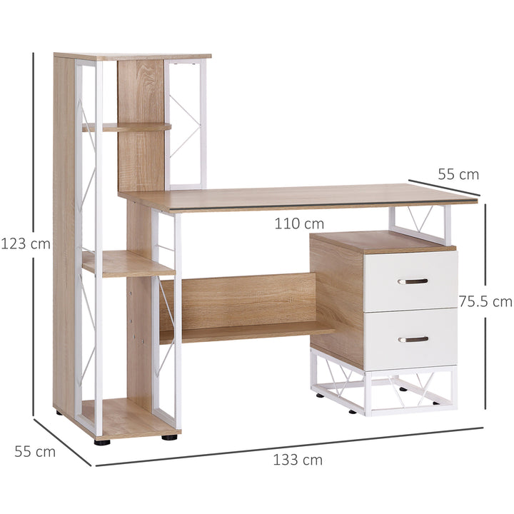 Computer Desk with Drawers and Bookshelf, Writing Desk for Home Office with Storage Shelves, Study Workstation, Oak
