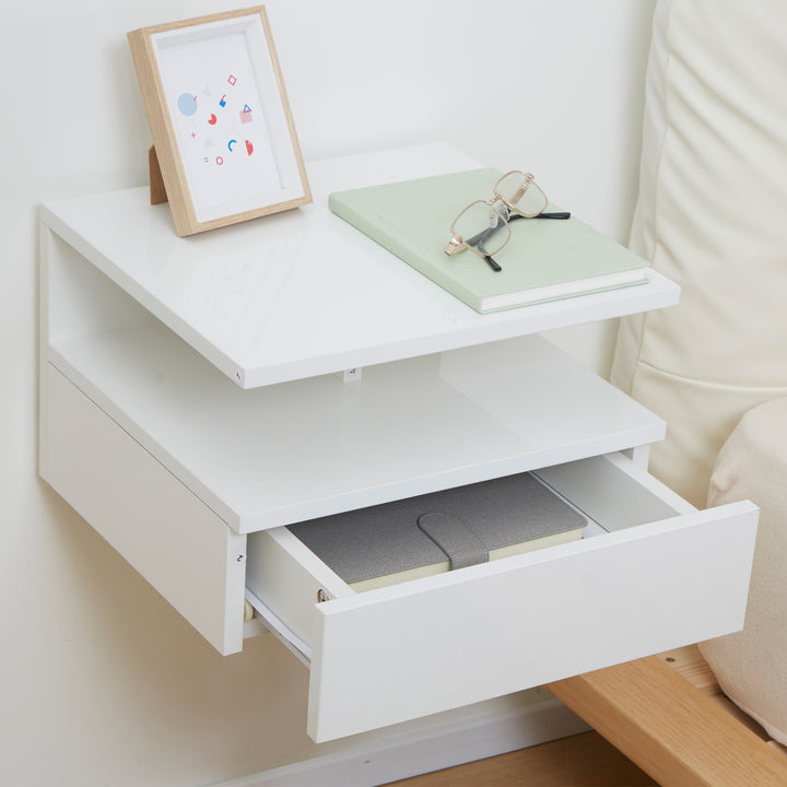 Set of Two Floating High Gloss Bedside Tables - White