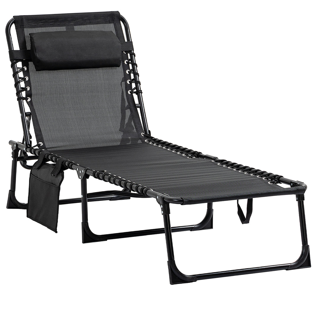 Portable Sun Lounger, Folding Camping Bed Cot, Reclining Lounge Chair 5-position Adjustable Backrest with Side Pocket, Pillow for Patio Garden Beach Pool, Black