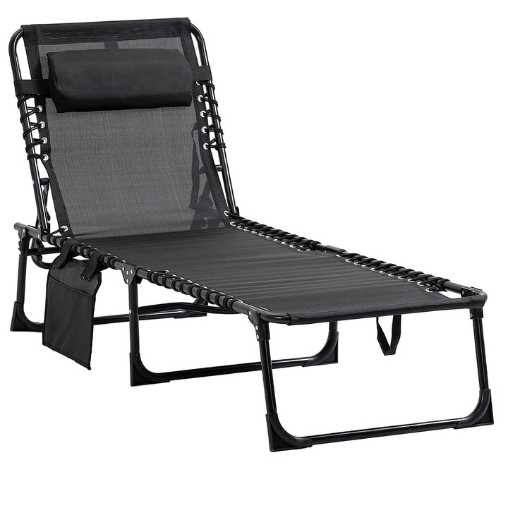 Portable Sun Lounger, Folding Camping Bed Cot, Reclining Lounge Chair 5-position Adjustable Backrest with Side Pocket, Pillow for Patio Garden Beach Pool, Black