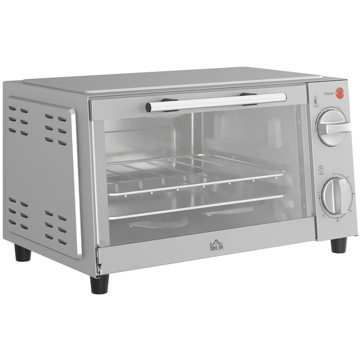 Mini Oven, 9L Countertop Electric Grill, Toaster Oven with Adjustable Temperature, Timer, Dishwasher Safe Baking Tray and Wire Rack, 750W, Silver