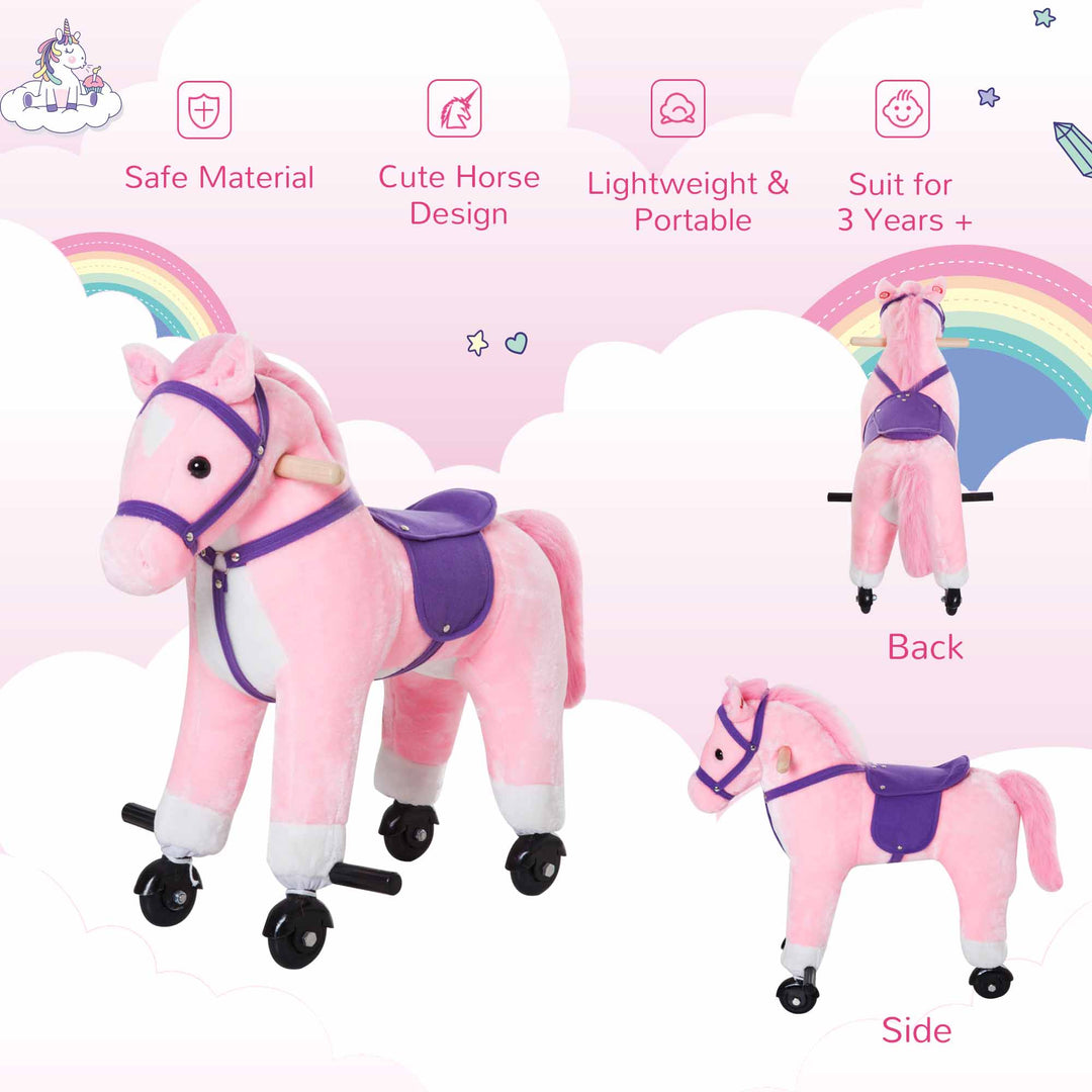 Rocking Horse Kids Ride on Walking Horse Animal Pony Wheeled Riding Plush Toy w/Sound for 2 Years and Up (Pink)