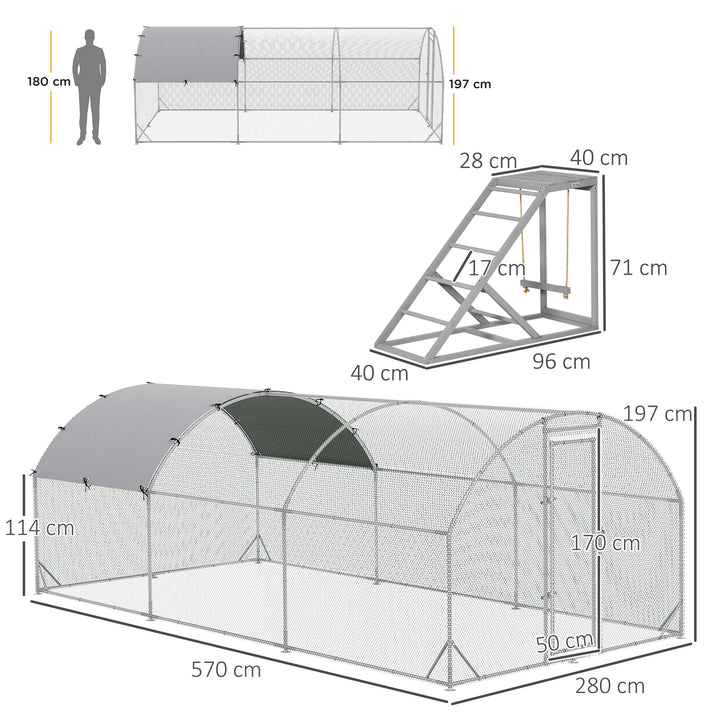 Walk In Chicken Run with Chicken Activity Shelf and Cover, 2.8 x 5.7 x 2m