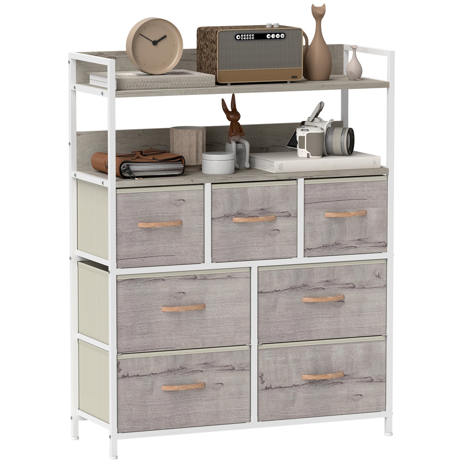 Rustic Chest of Seven Fabric Drawers - Natural Wood Finish