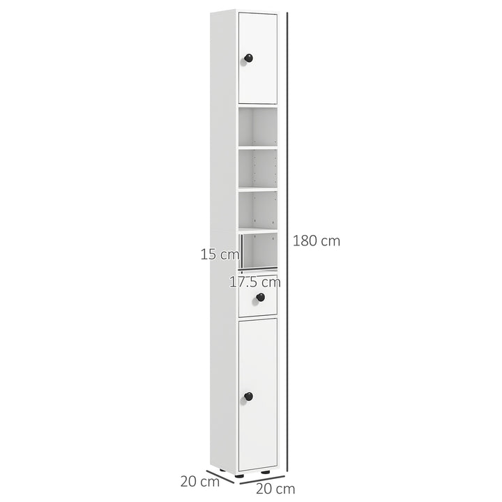 180cm Slim Bathroom Cabinet, with Drawer, Shelves and Cupboards - White