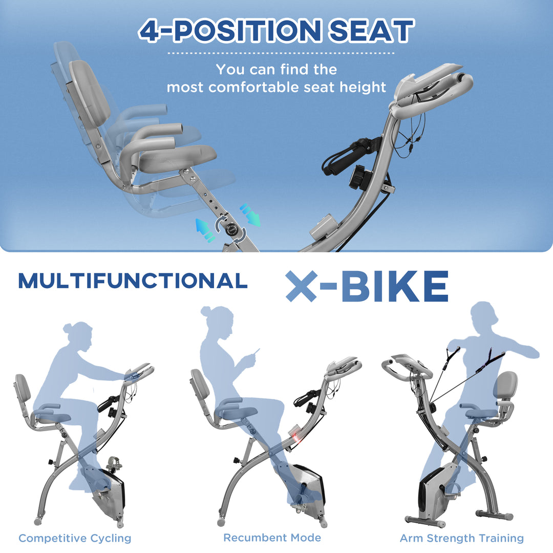 2-in-1 Folding Exercise Bike with 8-Level Magnetic Resistance, Arm Resistance Band, Pulse Sensor, Grey