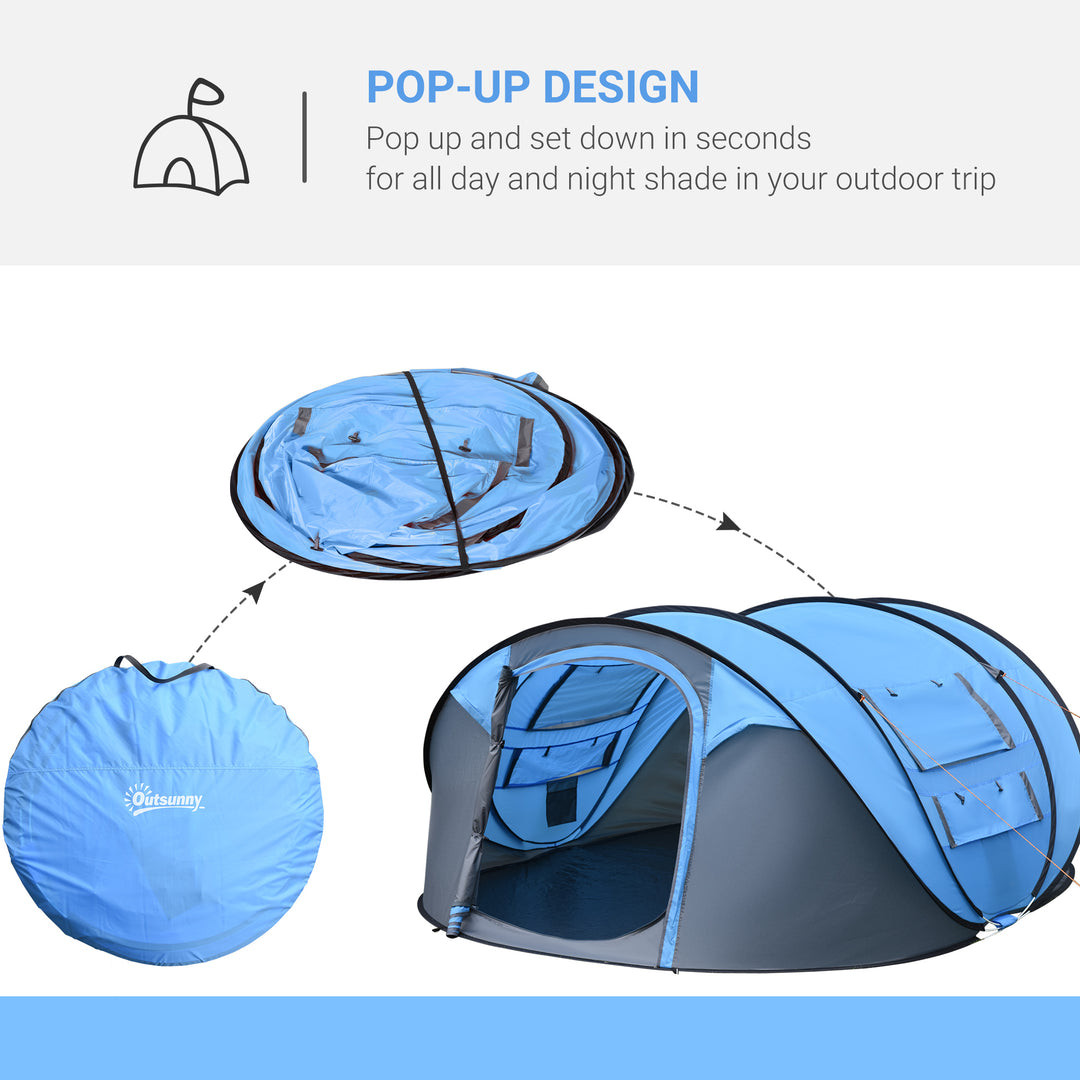 4 Person Pop-up Camping Tent Family Tent with Ground Sheet, 4 Windows and Portable Carry Bag for Beach Outdoor Trip, Sky Blue