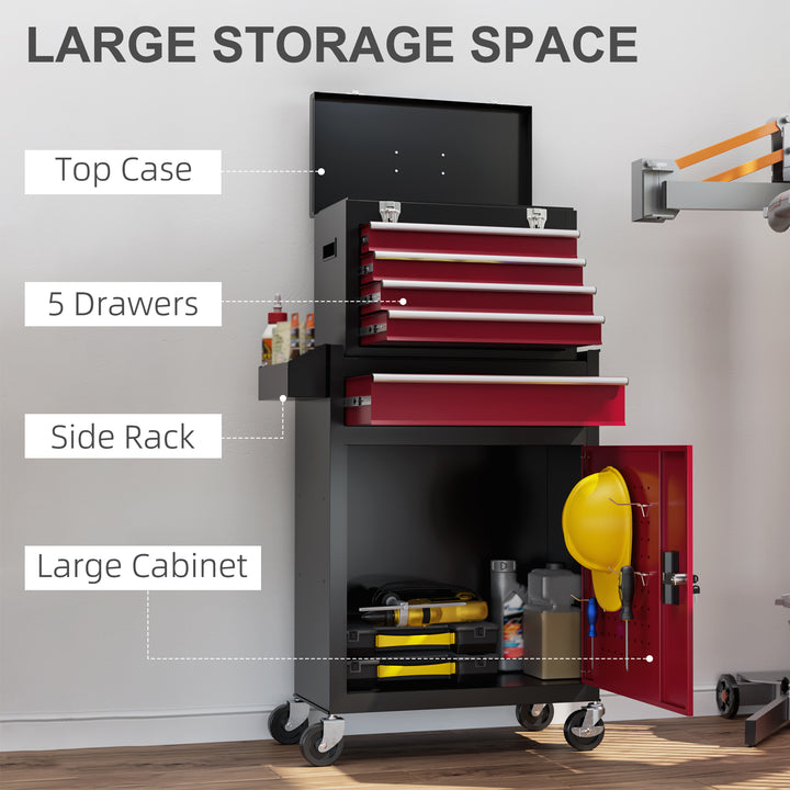 HOMCOM Rolling Tool Cabinet on Wheels w/ 5 Drawers & Lockable Cabinet, Portable Top Tool Chest & Roller Cabinet Combo for Workshop, Home | Aosom UK