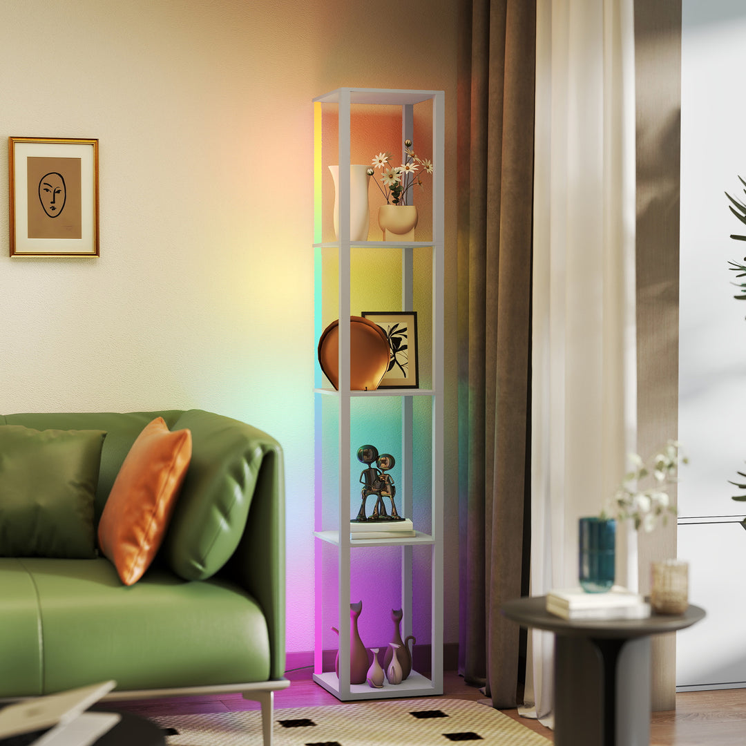 RGB LED Floor Lamp with Shelves, Modern Dimmable Standing Lamp with Remote Control, Adjustable Brightness & Speed for Living Room, Bedroom, Office, Grey