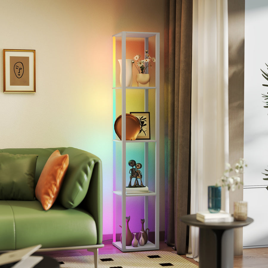 RGB LED Floor Lamp with Shelves, Modern Dimmable Standing Lamp with Remote Control, Adjustable Brightness & Speed for Living Room, Bedroom, Office, Grey