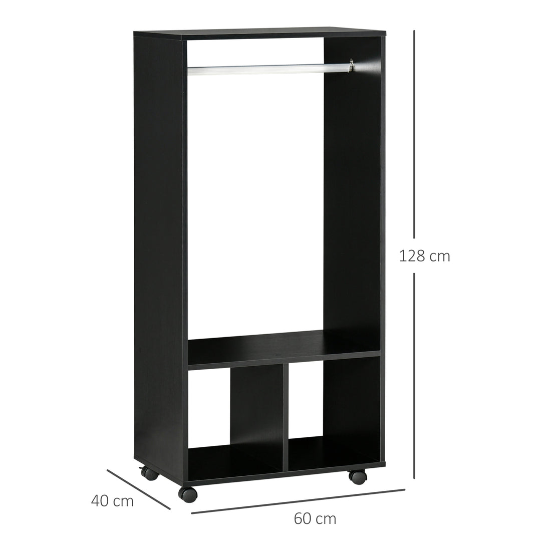 Open Wardrobe on Wheels, Bedroom Wardrobe with Clothes Hanging Rail, 2 Storage Shelves, Mobile Garment Rack for Cloakroom, Hallway, Black