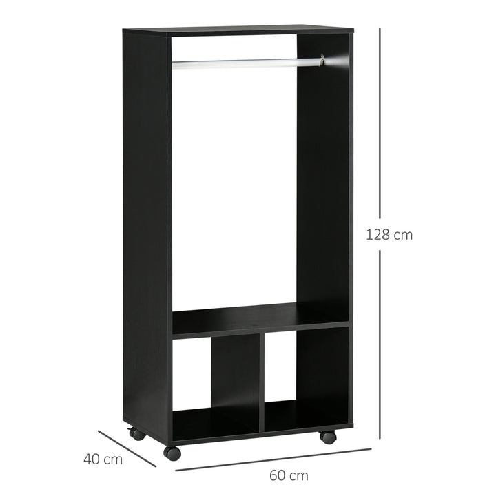 Open Wardrobe on Wheels, Bedroom Wardrobe with Clothes Hanging Rail, 2 Storage Shelves, Mobile Garment Rack for Cloakroom, Hallway, Black