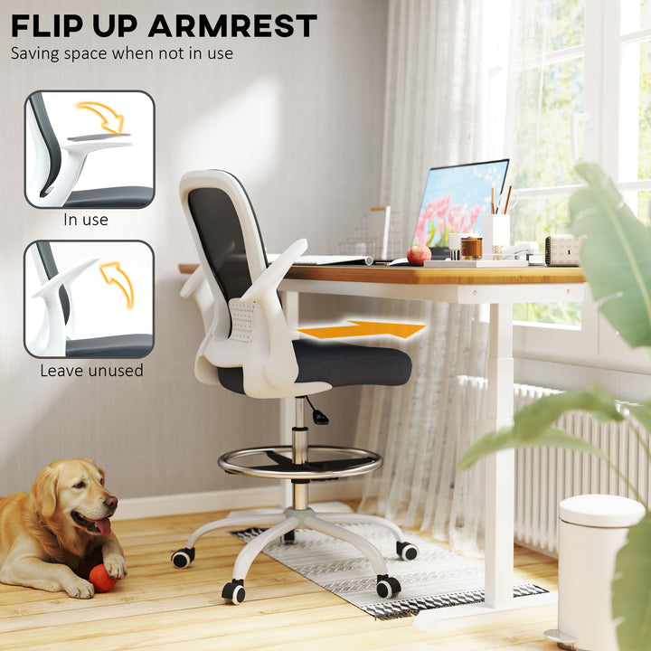 Draughtsman Chair, Mesh Drafting Chair, Ergonomic Office Chair with Flip-up Armrest, Adjustable Foot Ring, Grey