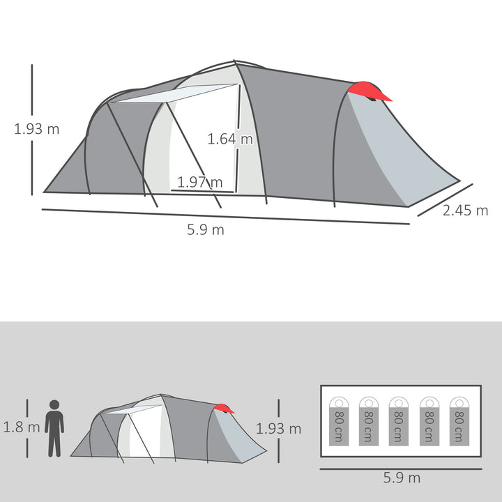 Four-Man Tunnel Tent, with Two Bedrooms and Living Room - Grey/Red