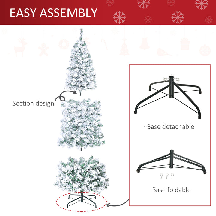 HOMCOM 6 Feet Prelit Artificial Snow Flocked Christmas Tree with Warm White LED Light, Holiday Home Xmas Decoration, Green White