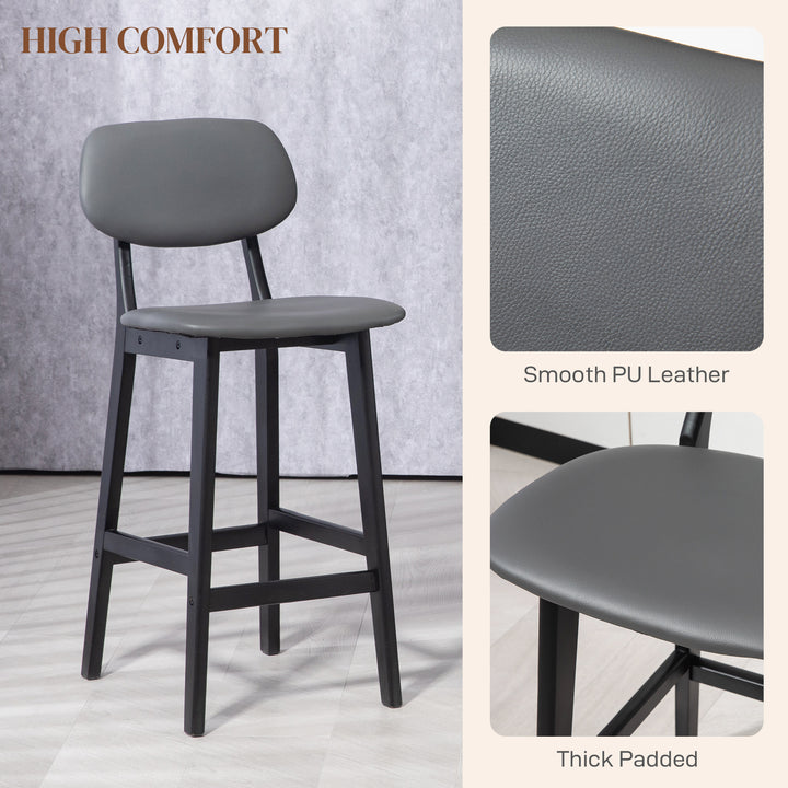 HOMCOM Bar Stools Set of 2, Modern Breakfast Bar Chairs, Faux Leather Upholstered Counter Bar Stools with Backs and Wood Legs, Dark Grey | Aosom UK