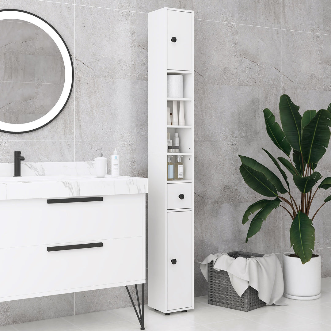 180cm Slim Bathroom Cabinet, with Drawer, Shelves and Cupboards - White