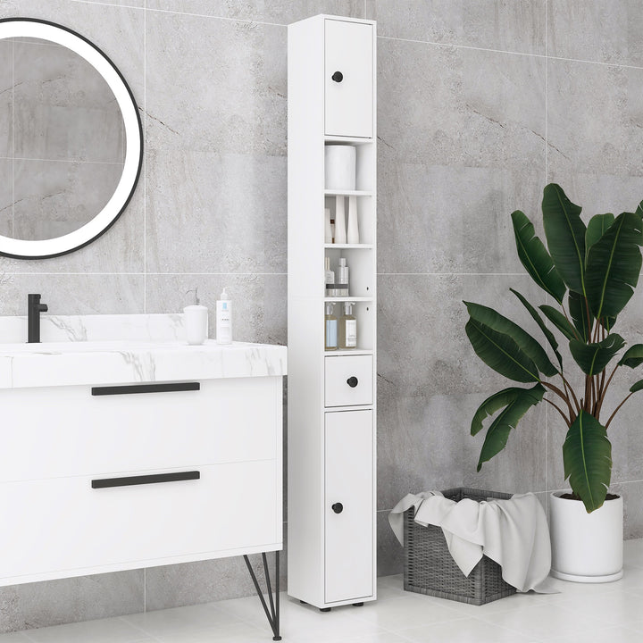180cm Slim Bathroom Cabinet, with Drawer, Shelves and Cupboards - White