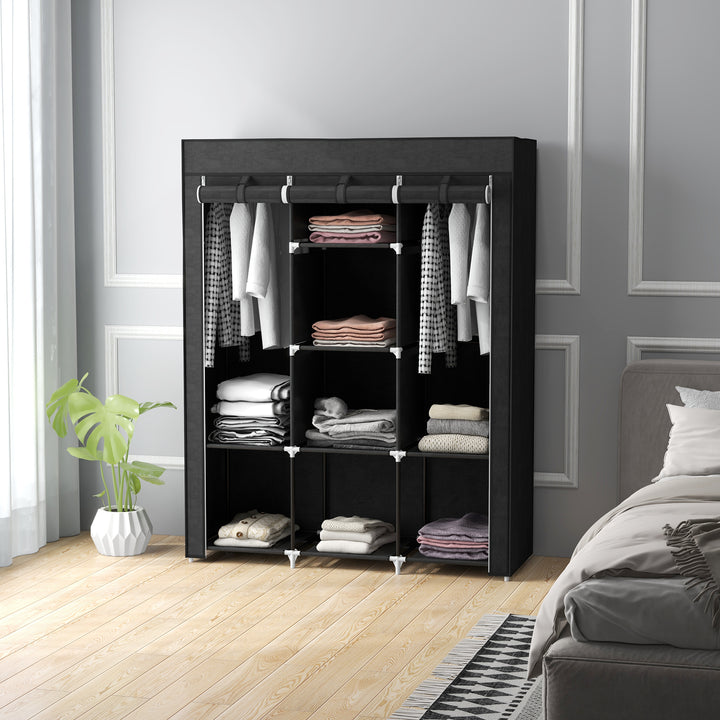 Fabric Wardrobe, with Rails and Shelves - Black