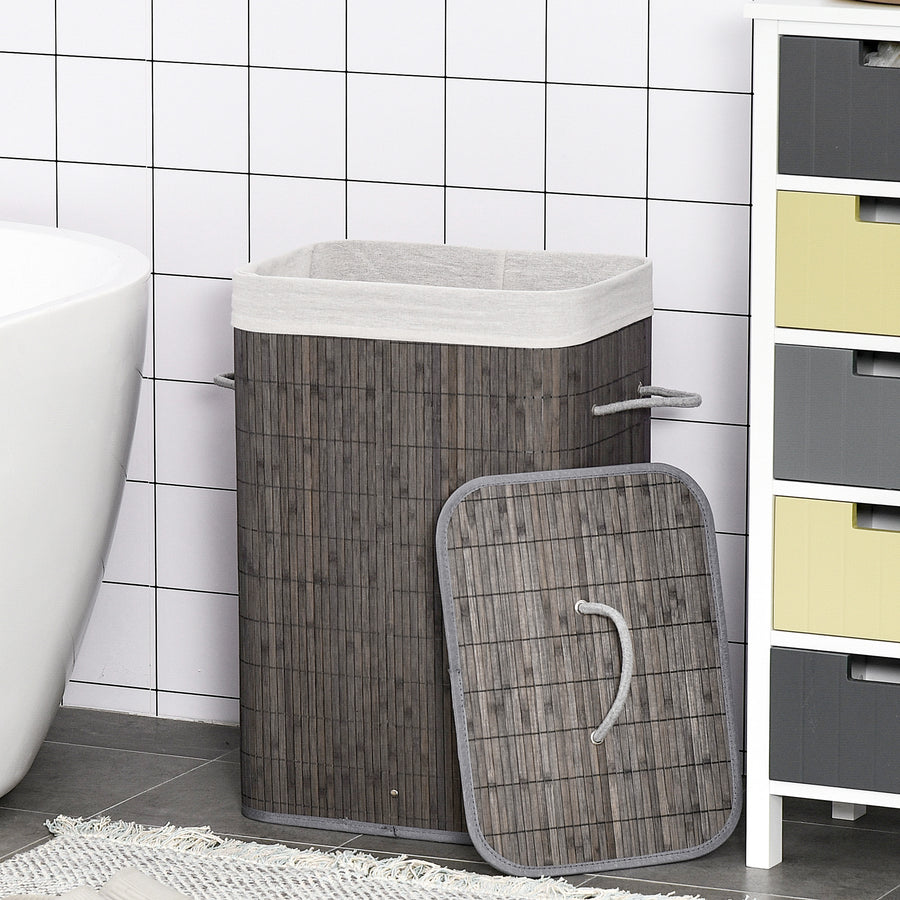Laundry Basket with Flip Lid and String Handles, Collapsible Hamper Removable Lining Board Base Foldable Water-Resistant Dirty Clothes Storage, Grey