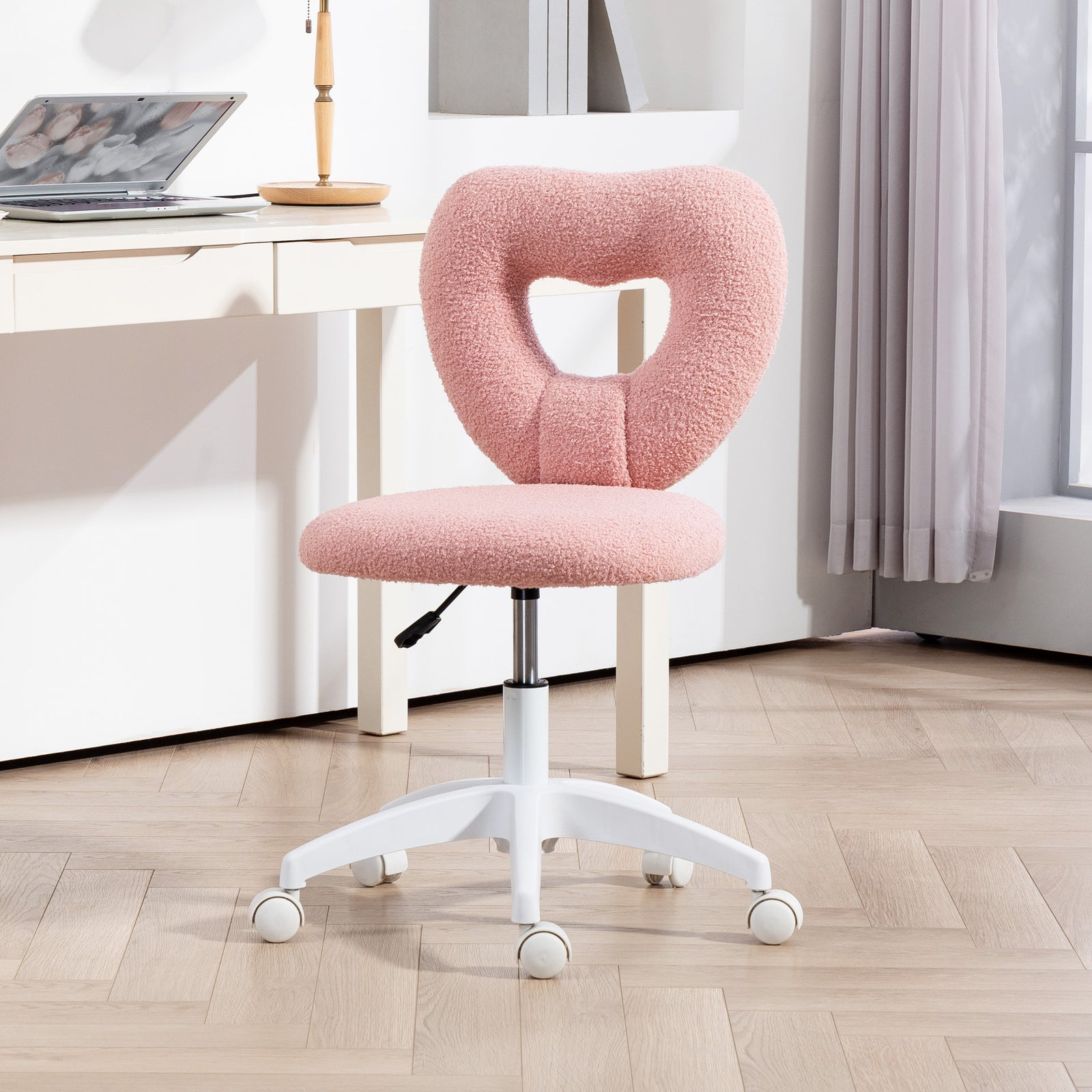 Armless Heart Computer Desk Chair, Teddy Fleece Swivel Office Chair, Makeup Vanity Chair with Height Adjustable, Wheels, for Home Study Bedroom, Pink