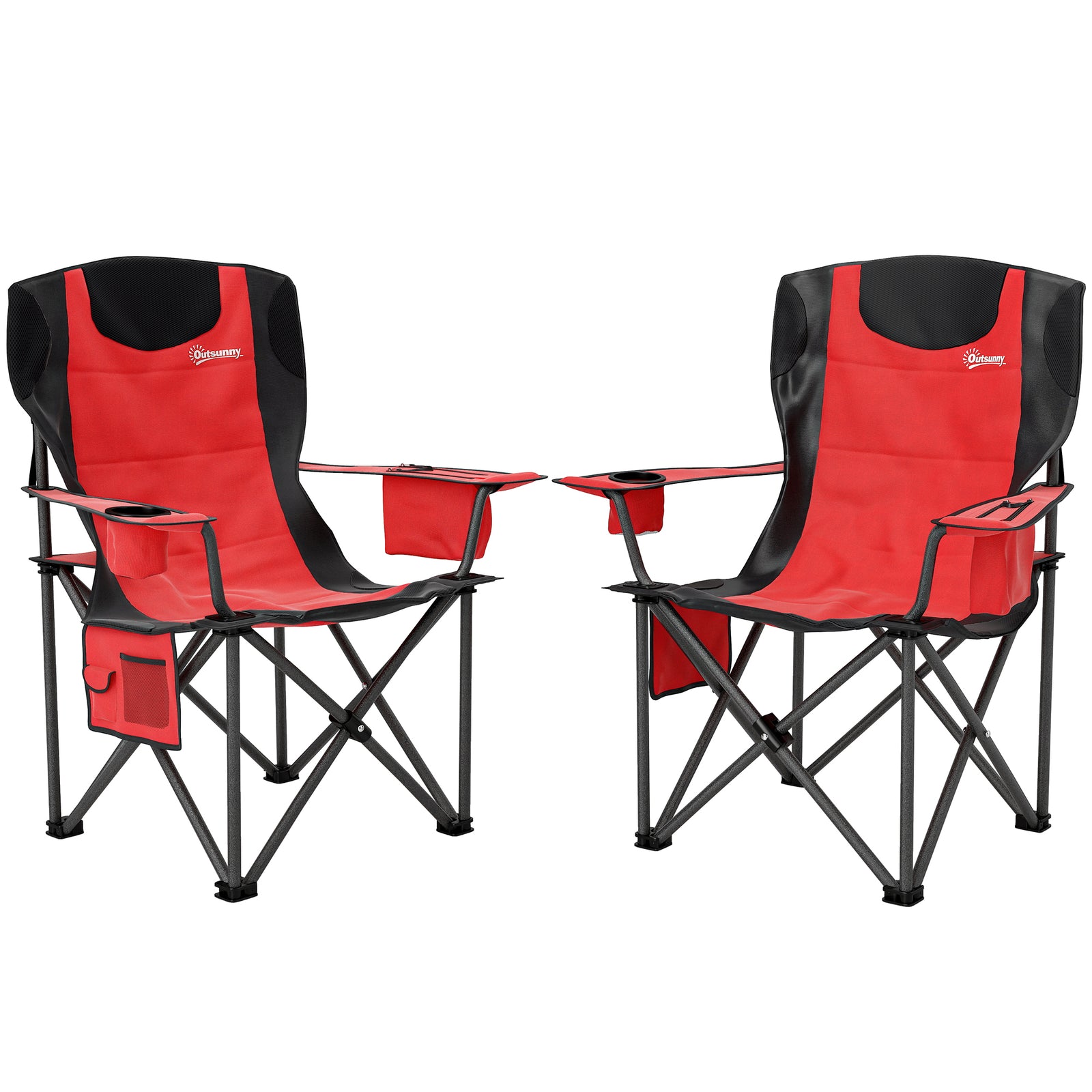 Set of 2 Folding Camping Chairs, Padded Camping Chairs with Adjustable Armrests, Portable & Lightweight Folding Camp Chair with Cooler Bag, Cup Holder and Side Pockets, Red